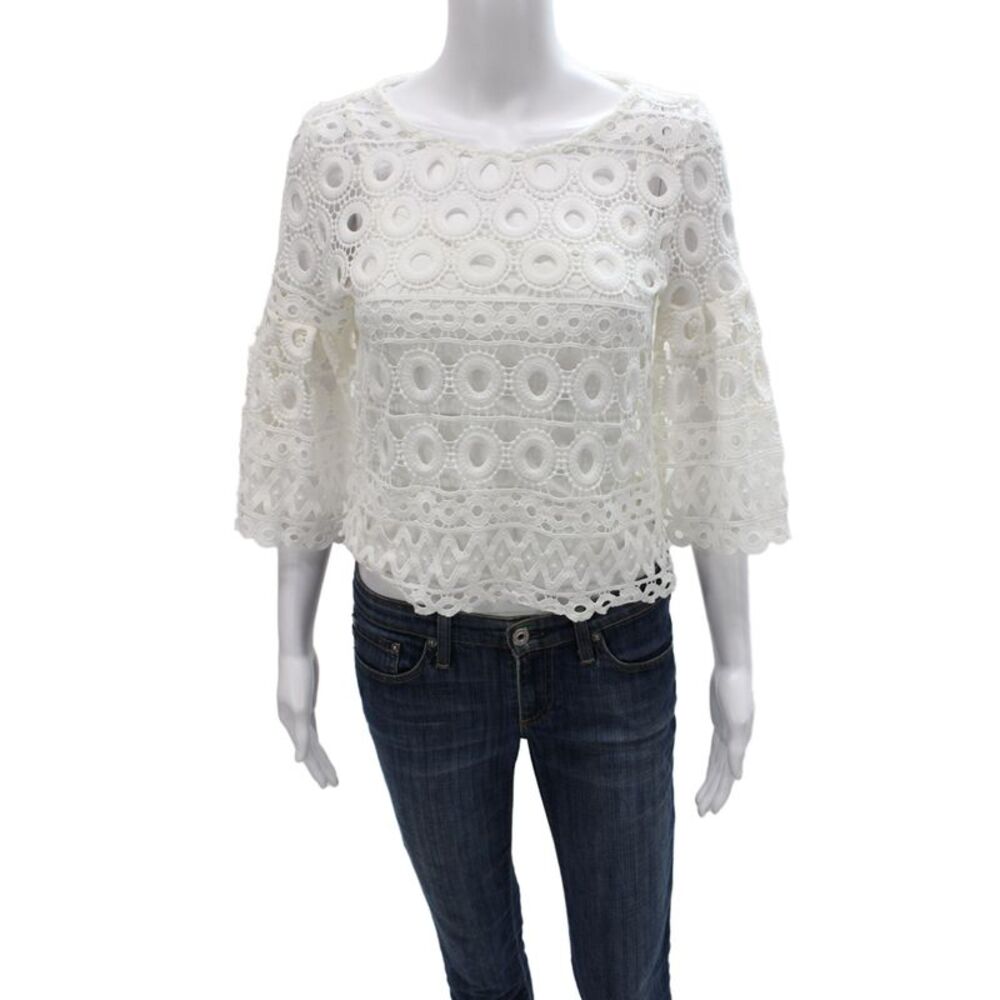 Style Mafia Women Cropped Camisole Top White Cotton Round Neck Geometric Size S